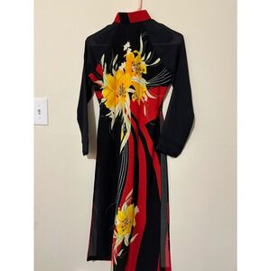 Vietnamese Ao Dai Traditional Floral Tunic Dress Black Red Yellow No Pants